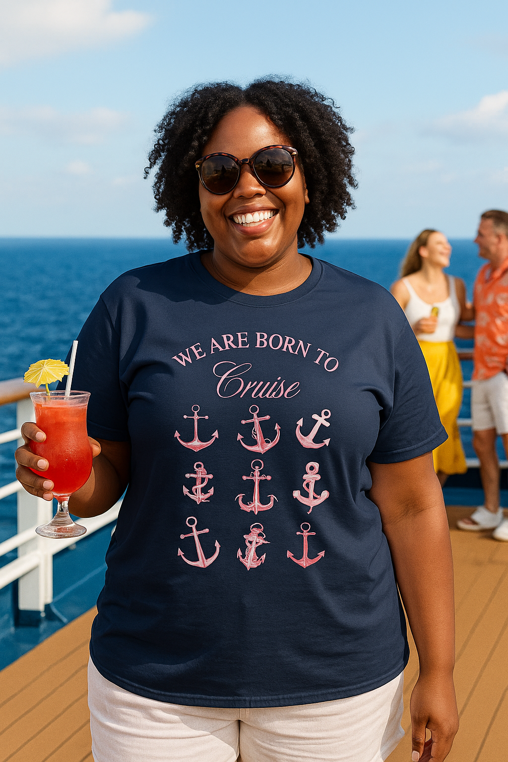 We Are Born to Cruise Tee | Nautical Anchor Shirt | Pink on Navy Unisex Tee