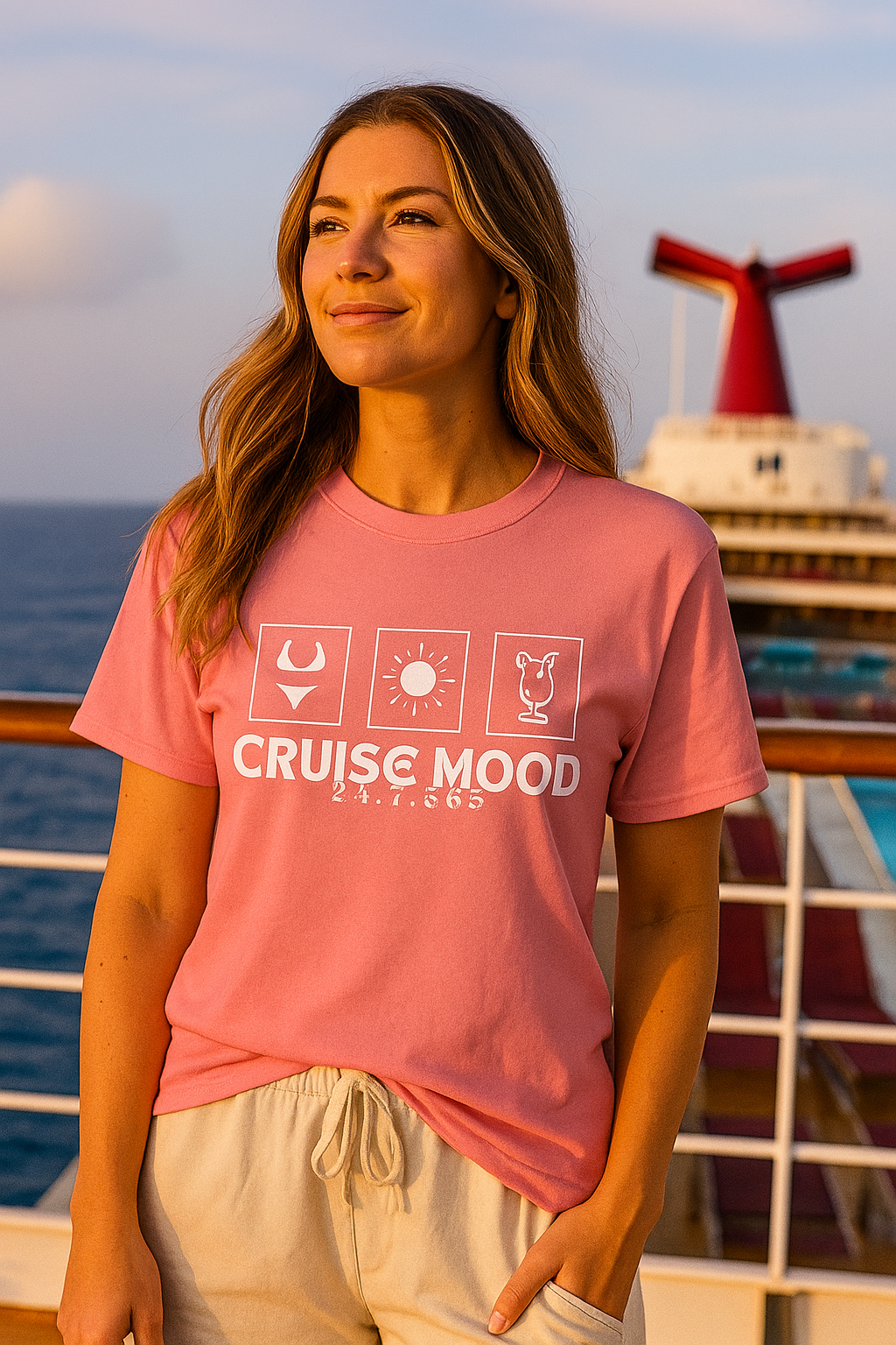 Cruise Mood 24·7·365 Coral Unisex Cruise T-Shirt – Bikini, Sunshine & Cocktails Tee