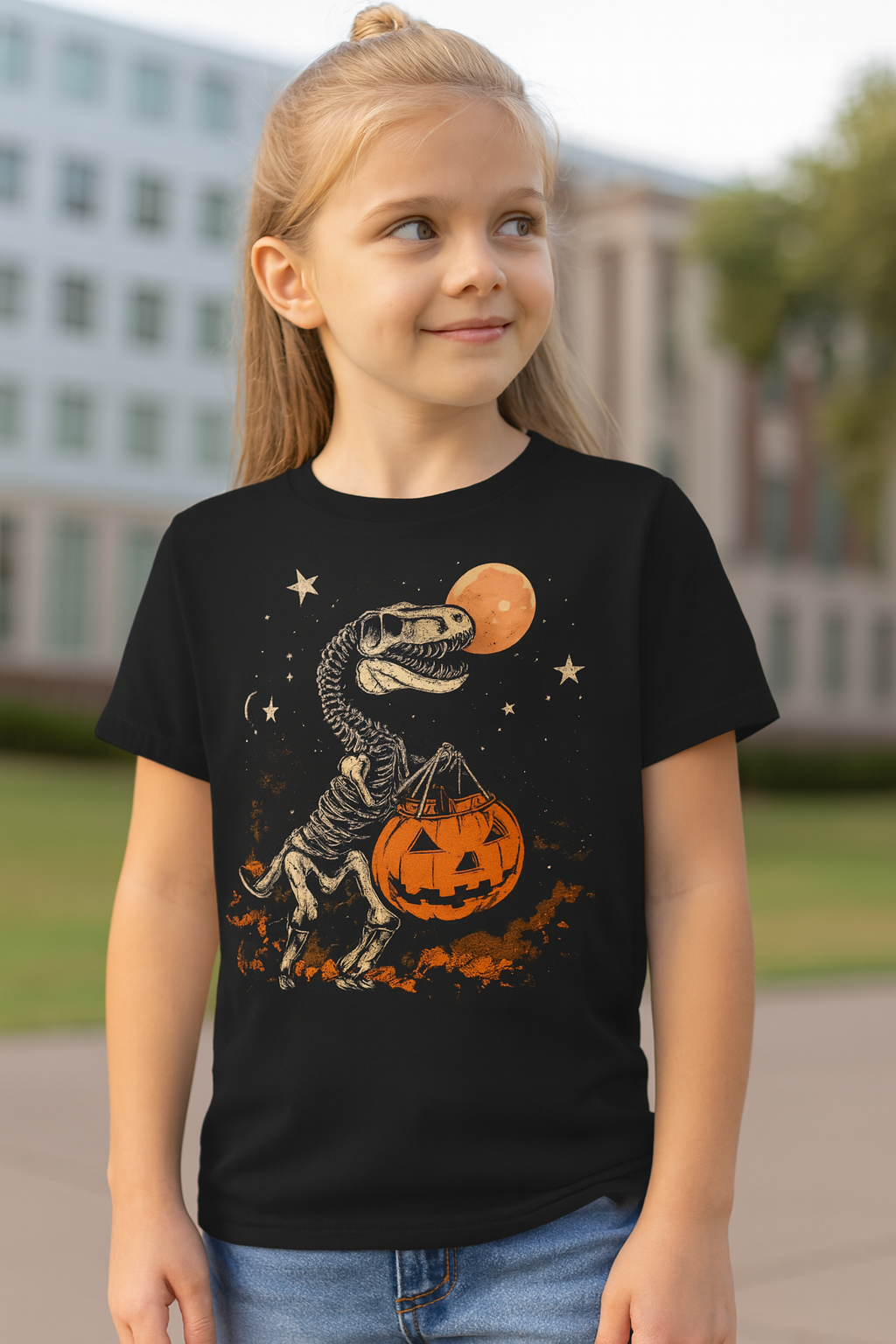 Kids Halloween Dinosaur Skeleton T-Shirt | Trick-or-Treat Pumpkin Tee